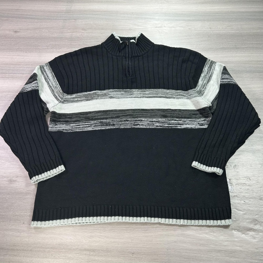 Southpole Sweater Mens 2XL‎ Black Gray Striped Half Zip Ribbed Knit Pullover